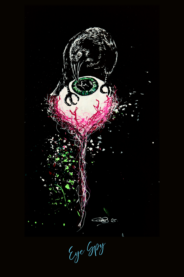 Artistic depiction of a pink and white eye with a black pupil on a black background, featuring the text 'Eye Spy'.